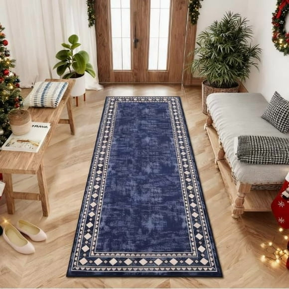 Washable Runner Rug 2x6 Christmas Runner for Hallway Non Slip Bath Mat Low Pile Kitchen Carpet Non Shedding Modern Border Runner for Bedside Laundry Entrance Hall, Blue