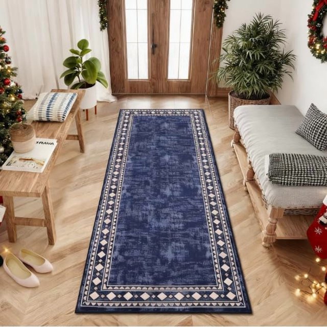 Washable Runner Rug 2x6 Christmas Runner for Hallway Non Slip Bath Mat Low Pile Kitchen Carpet Non Shedding Modern Border Runner for Bedside Laundry Entrance Hall, Blue