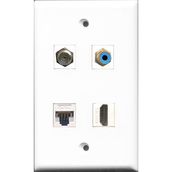 RiteAV 1 Port HDMI and 1 Port RCA Blue and 1 Port Coax Cable TV- F-Type and 1 Port Cat5e Ethernet White Wall Plate
