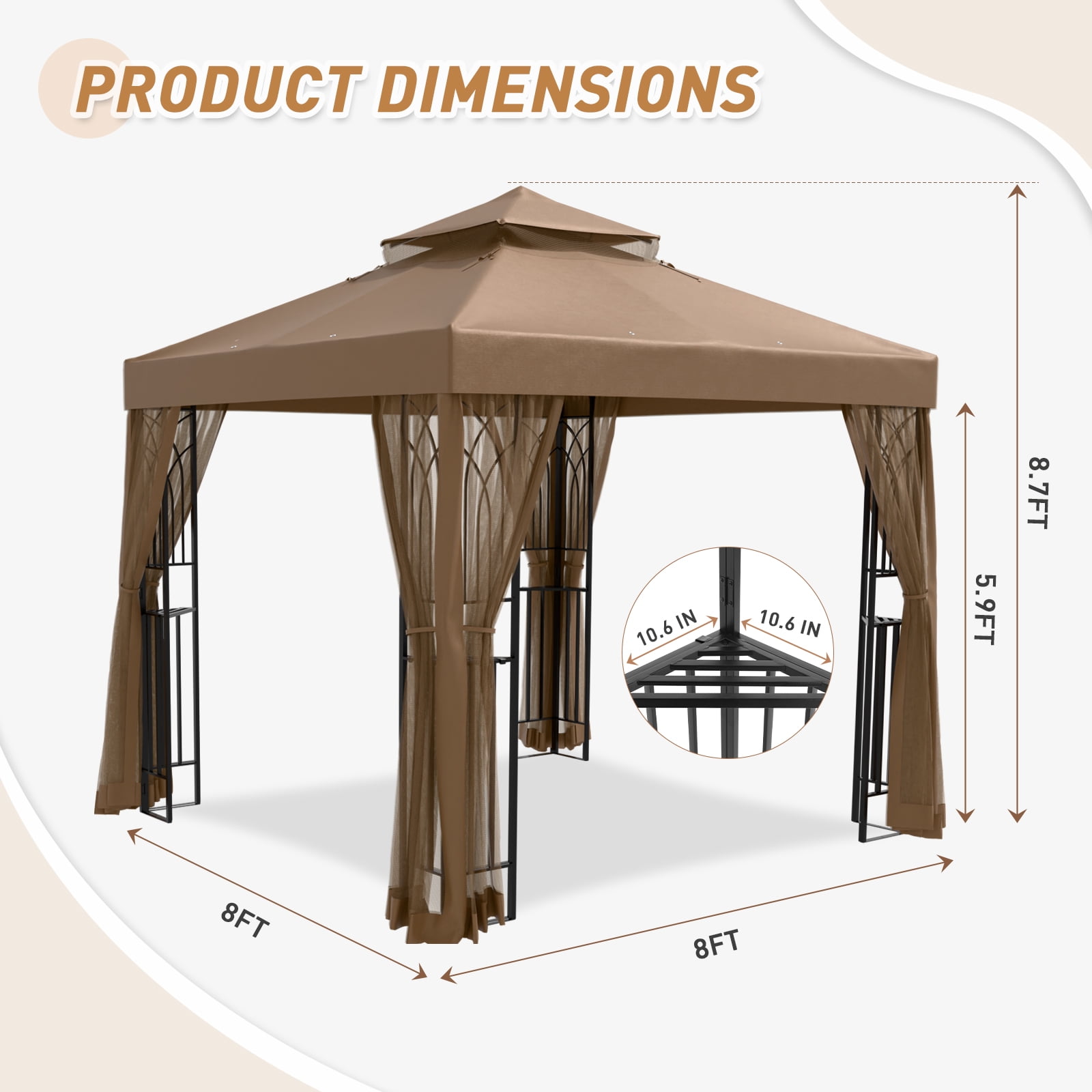 INTER HUT 8x8 Metal Patio Double Soft Roof Gazebo Outdoor Canopy Tent with Netting, Ceiling Hook, Shelves