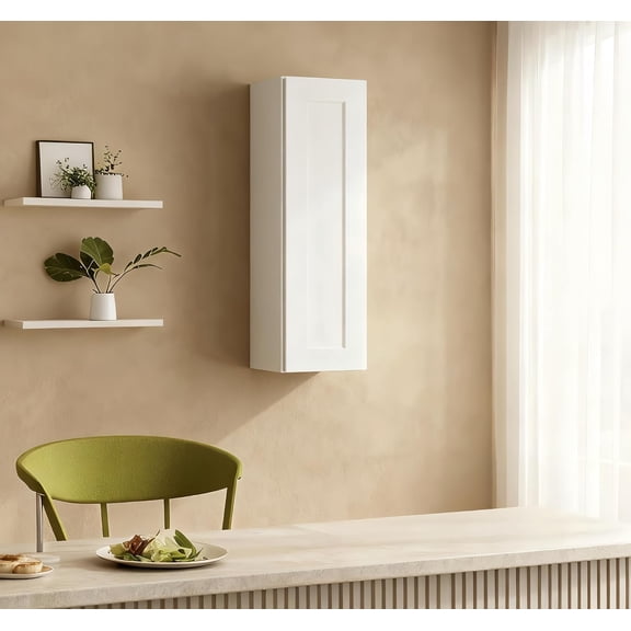 LJAN 15 Inch White Shaker Wall Cabinet Solid Wood with 3 Adjustable Shelves Ready-to-Assemble for Kitchen, Bathroom, Laundry, and Garage Storage (15" W×12" D×42" H)