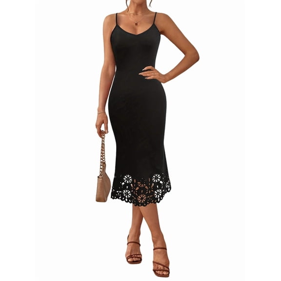 Women'S Dresses V Neck Spaghetti Strap Slip Midi Dresses Black L