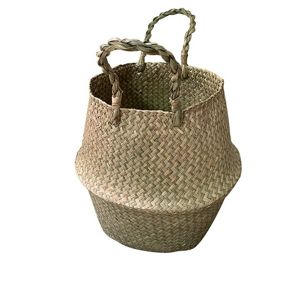 Home Garden Big Belly Blue Folding Woven Basket, Turtle Back Green Plant Storage Basket, Handmade Seaweed Woven Simle Flower Basket