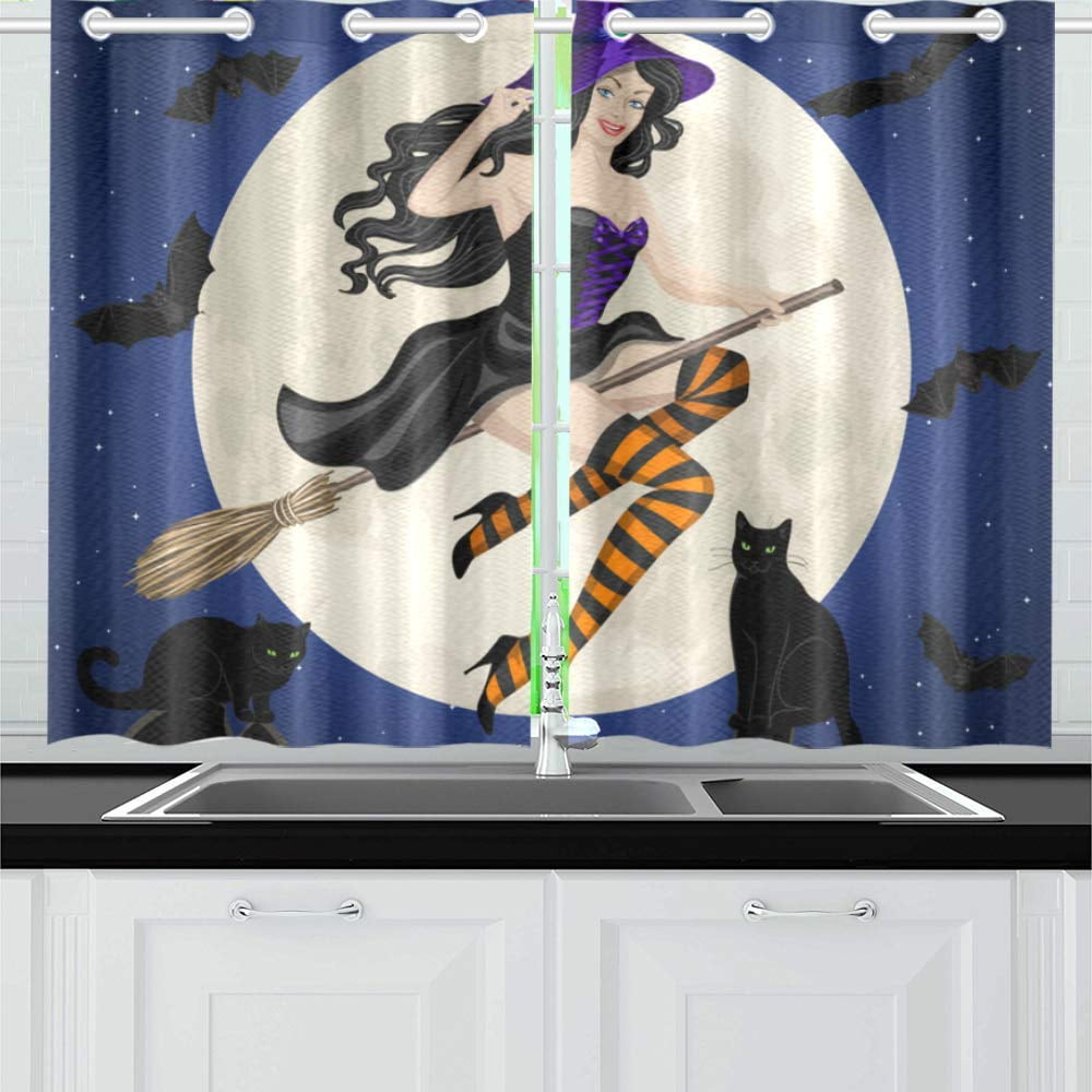 MKHERT Halloween Witch Flying Window Curtains Kitchen Curtain Room ...