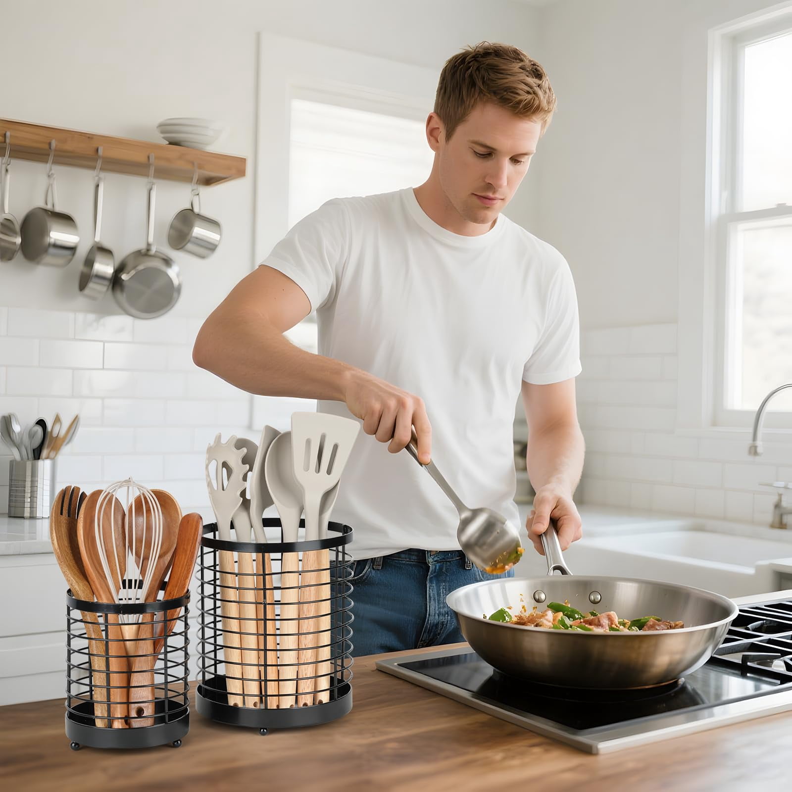 IWNTWY Utensil Holder, 2 Pack 7.7" + 6" Stainless Steel Large Cooking Utensil Crocks Organizer for Countertop
