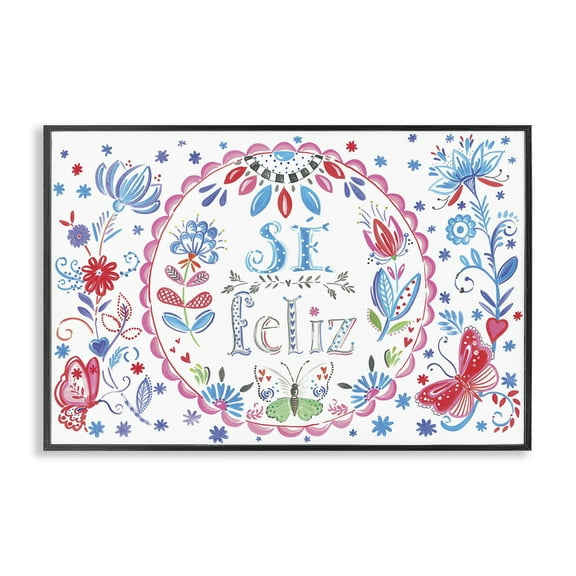 Stupell Industries Se Felices Mariposas Florales Inspirational Quotes & Sayings Drawing Black Framed Art Print Wall Art, 18 x 12