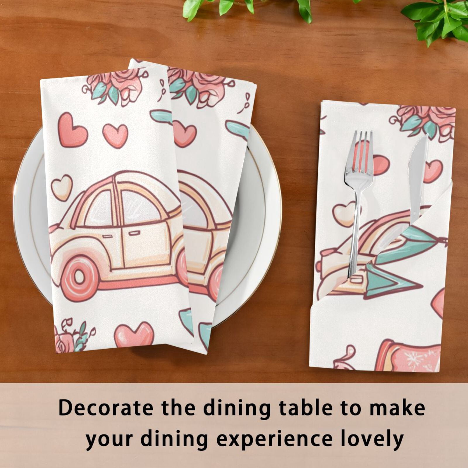 JSTEL Cartoon Wedding Heart Cloth Napkins Set of 6, 20x20 Inch Washable and Reusable Napkin for Decoupage Dinner Party Everyday Use