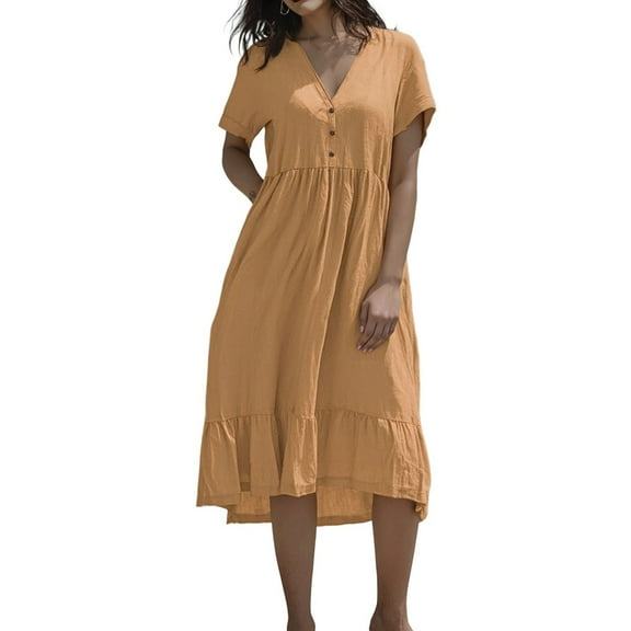 Women's Summer Casual Dress V Neck Pleated Long Dress With Button Front For Daily Wear Party Vacation Outfit