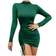 thumbnail image 2 of Women Dresses High Collar Solid Long Sleeved Sexy Fashion Dresses Drawstring Fashion Dresses Green Trendy Skirt Size XL, 2 of 7