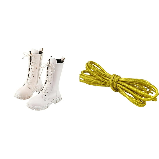 XIMIN Bottes Martin Blanches Mi-Mollet à Lacets pour Filles avec Lacets Ronds à Paillettes Dorées en Fil Métallique - Tige en Cuir Véritable, Semelle Épaisse, Mode Automne/hiver