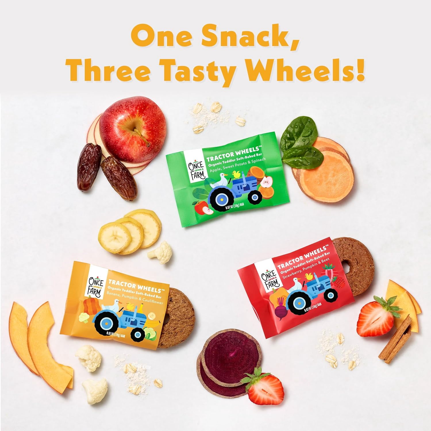 Once Upon A Farm Organic Toddler Soft Baked Bar, Banana, Pumpkin and Cauliflower, Tractor Wheels Shaped, Non GMO, Kosher, 3.35 Ounces (Pack of 8)