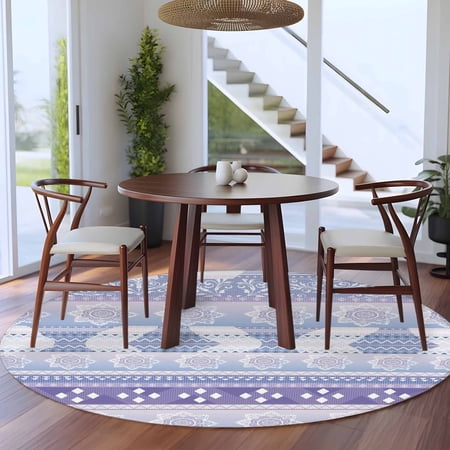 8ft Washable Large Round Rug Purple Mandoro Non-Slip Circle Area Rug for Living Room Dining Room Romantic Boho Floral Geometrical Texture Indoor Floor Mat for Home Decor