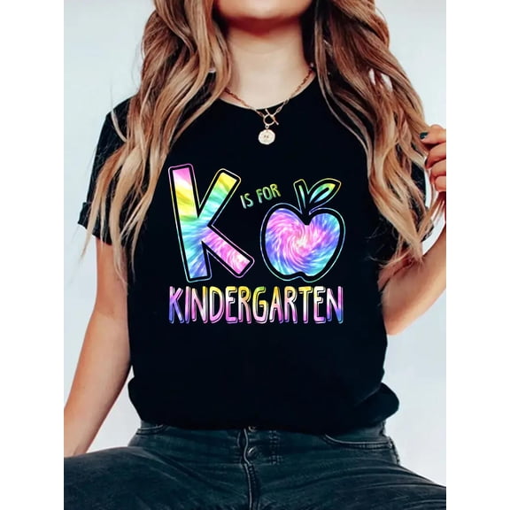 100% Cotton K is for Kindergarten Teacher Tie Dye Back to School Kinder T-Shirt Women's Graphic Tee Casual Tops