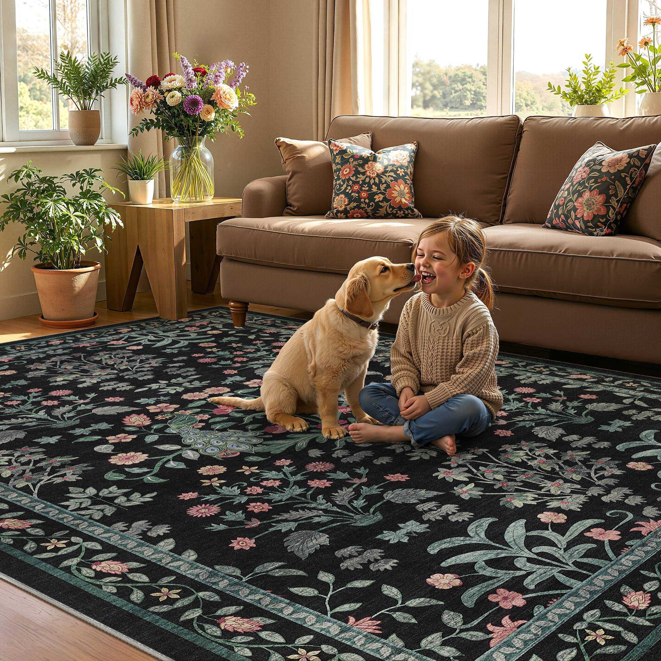 Micgeek Boho 6x9 Area Rugs for Living Room, Floral Non-Slip Washable Rug for Bedroom Home Decor Carpet, Farmhouse Dining Room Office Throw Rugs, Black