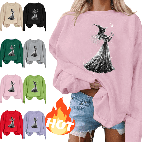 Mifsaly Halloween Sweatshirt Vintage Witch Graphic Long Sleeve Pullover Tops Crewneck Casual Fall Holiday Party Slouchy Sweatshirts Pink,M