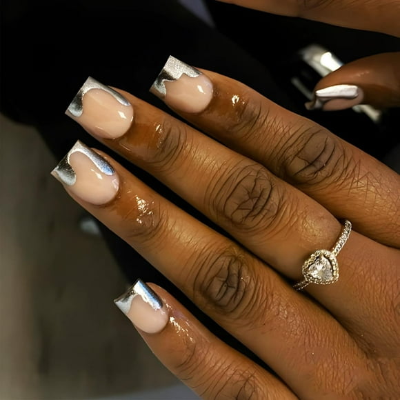 French Tips Press on Nails Short Square 24Pcs Glossy Silver French Tips Acrylic False Nails Cheese Style Fake Nails Gel Glue on Nails for Manicure French Tips Stick on Nails for Coquette Women Girls