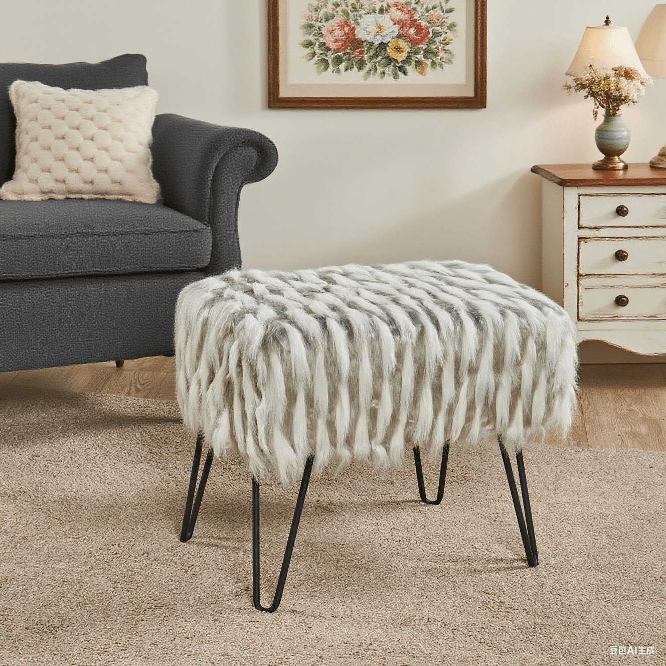 Home Soft Things Feathery Faux Fur Stool Chair Upholstered Footrest Ottoman with Black Metal Legs and Padded Seat, Grey, 19" x 13" x 17"