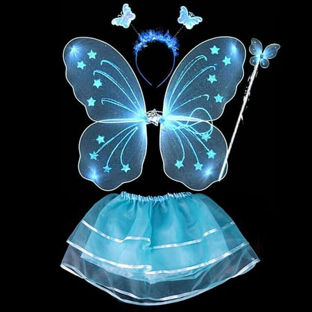 4Pcs Girls Princess Fairy Costume Set with Wings, Tutu, Wand and Floral Wreath Veil for Children Ages 3-6, Princess Party Favor Butterfly Fairy Costume Dress Up Role Play Value