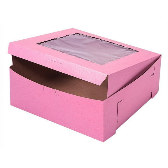 Pack Of 100, 10 X 10 X 4" Solid Pink Window Bakery Boxes 1-Piece Lock Corner Box For Cakes, Pies, Cupcakes Made In USA