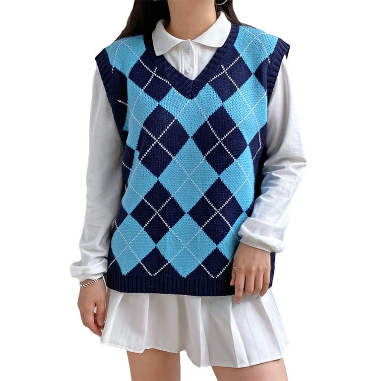 Streetwear Sweater Vest, Blue Plaid Sweater Vest