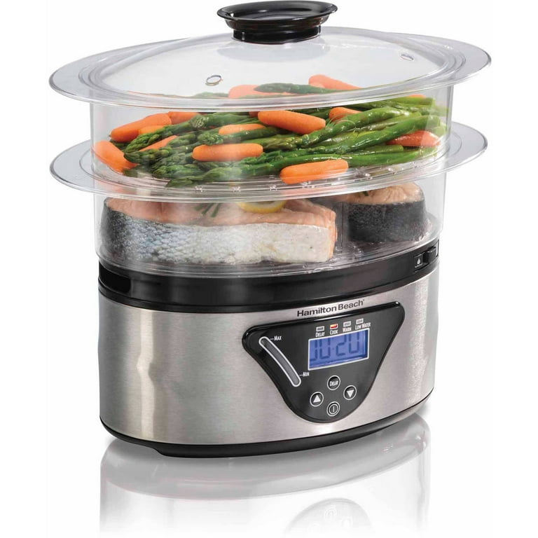 Hamilton Beach Food Steamer and Rice Cooker, Digital Programmable, 5.5  Quart Capacity, 2-Tier, Silver, 37530