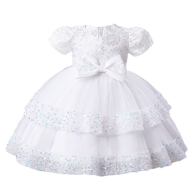 FAIWAD Robe Bébé Fille à Sequins en Dentelle Patchwork avec Nœud Couleur Unie Robe de Fête de Mariage