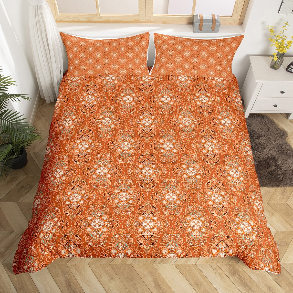 YST Orange Damask Comforter Cover Twin Boho Baroque Medallion Bedding