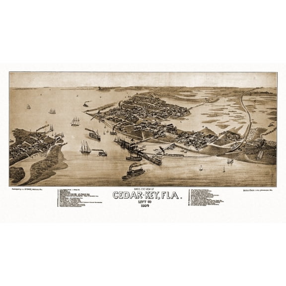 Old Map of Cedar-Key Florida 1884 Levy County Canvas Art - (36 x 54)