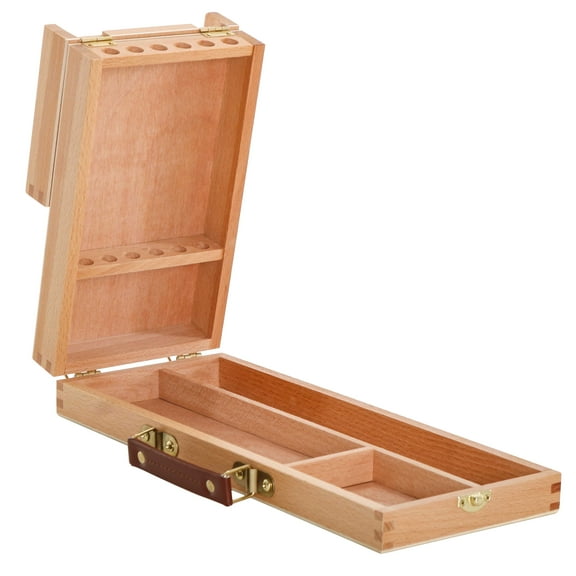 U.S. Art Supply Multi-Function Unfinished Beechwood Flip Opening Artist Tool and Brush Storage Box with Locking Clasps - Protect and Organize and Transport Pencils, Erasers, Tools & Supplies