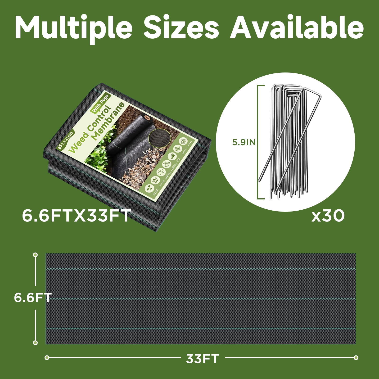 Lcogd 6.6x33ft High-Permeability Weed Barrier Fabric with 30 Ground Nails, Heavy Duty Landscape Fabric for Gardens, Lawns & Landscaping
