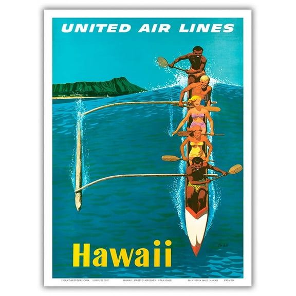 Hawaii - United Air Lines - Outrigger Canoe Surfing - Vintage Airline Travel Poster by Stan Galli c.1960 - Master Art Print (Unframed) 9in x 12in