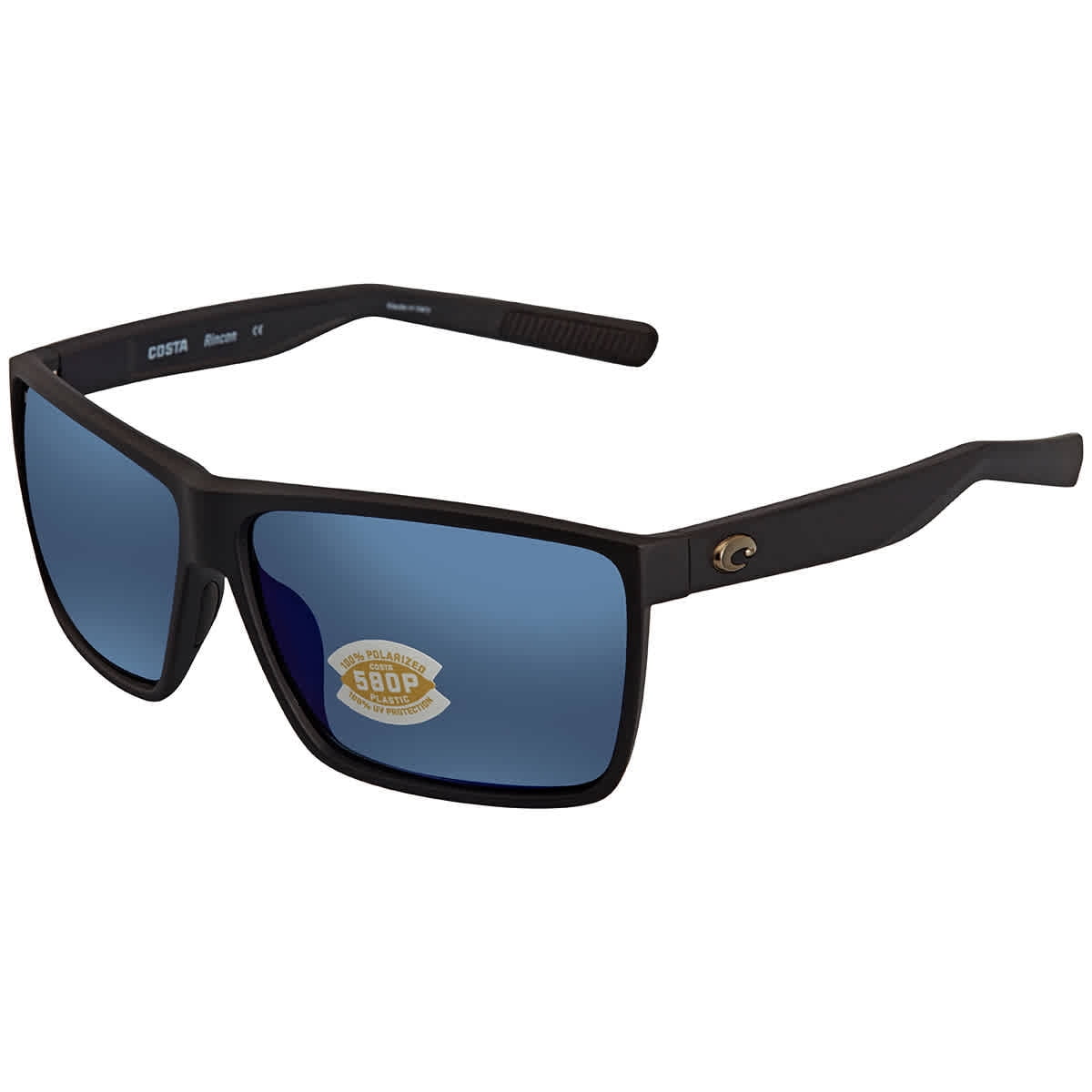 Costa Del Mar Men's Rincon Polarized Rectangular Sunglasses, Matte Black/Blue Mirrored 580P, 63 mm