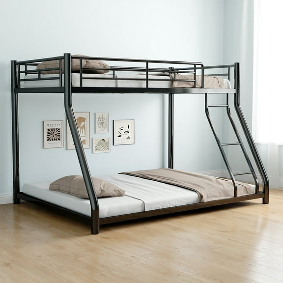 Alvantor Twin over Full Bunk Bed for Kids Teens, Heavy Duty Meta Bed Frame with Guardrail and Ladder Black