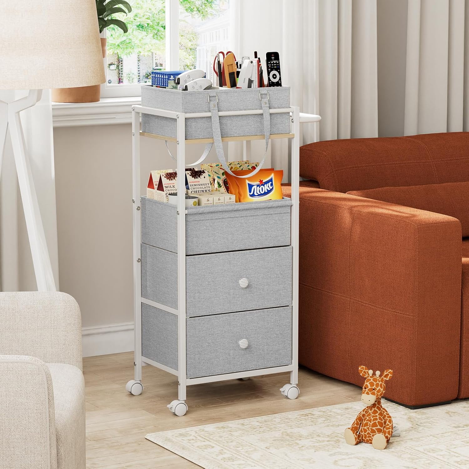 Baby Diaper Caddy Organizer Cart with Drawers - 3In1 Rolling Storage Cart with Wheels, Removable Diaper Caddy, Detachable Dividers - for Crib, Bedroom, Art & Craft Organizer (Light Gray)