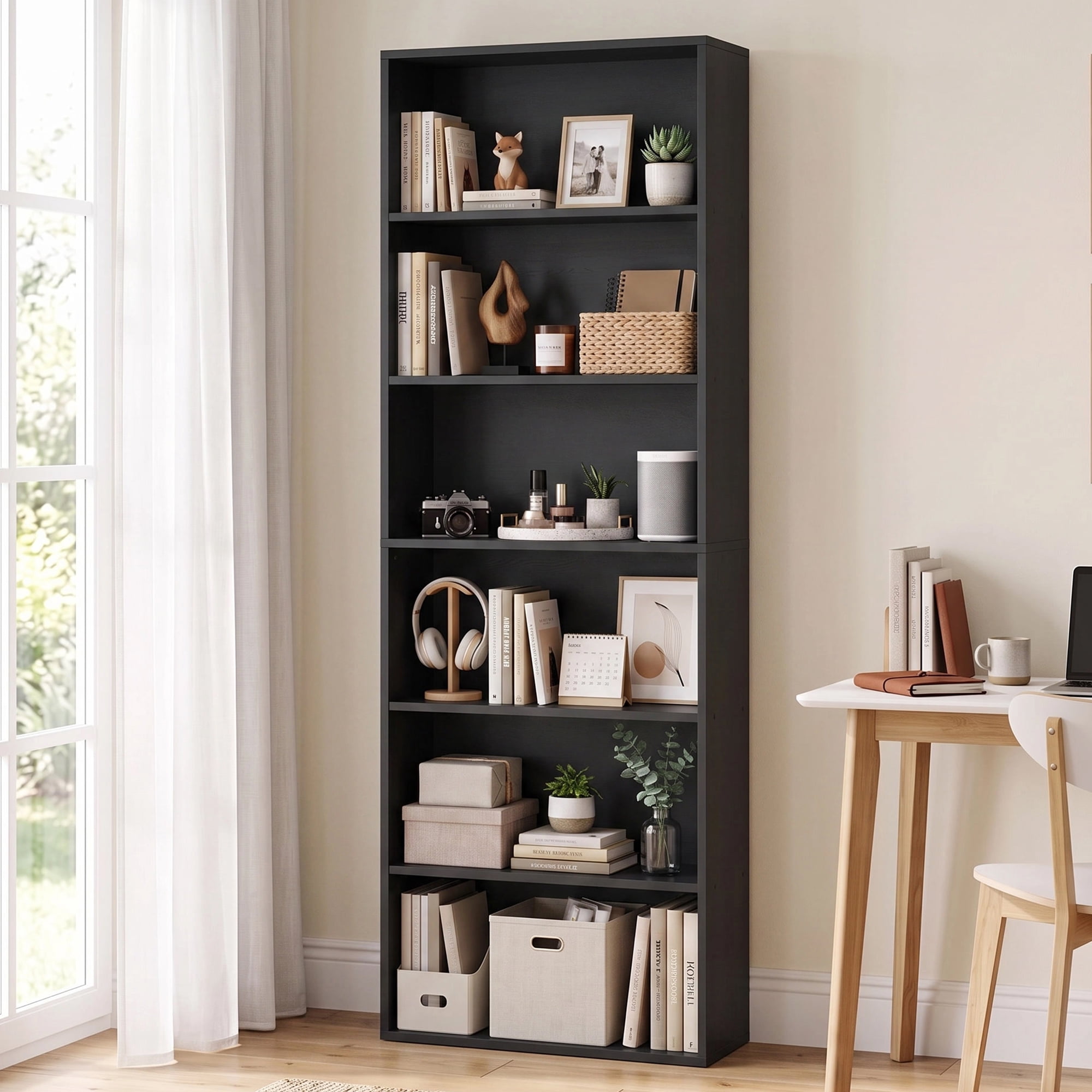 Walsunny 6 Tier Bookshelf Standard Wooden Bookcase Display Shelf with Storage Anti-tipping Device for Home Office Living Room White