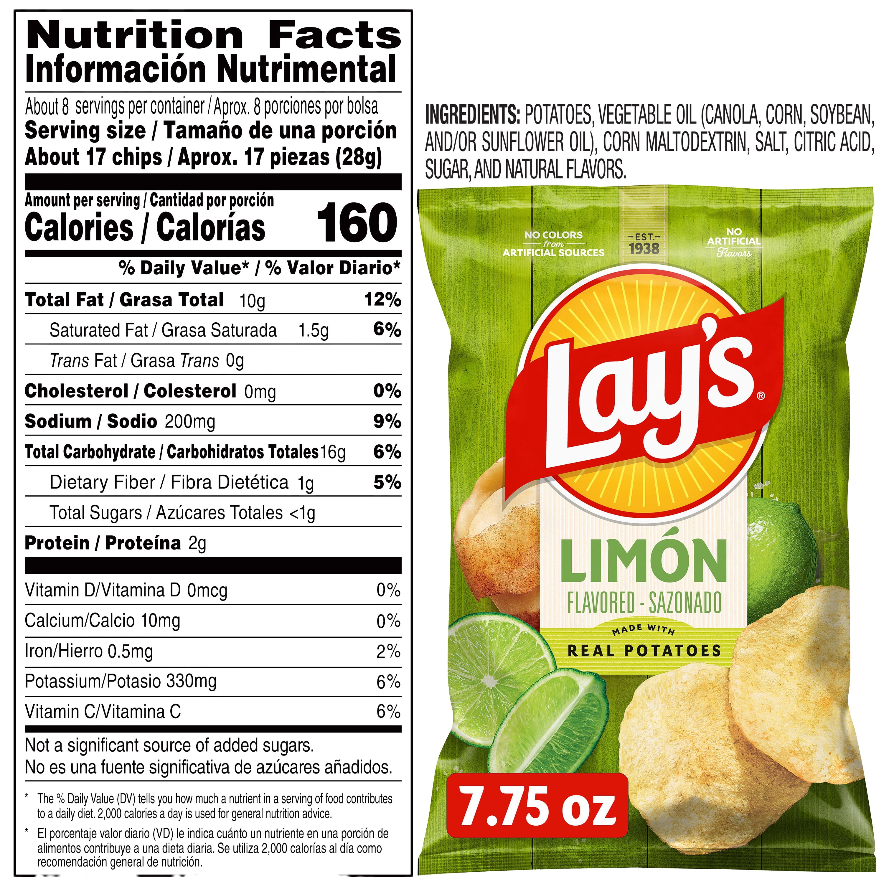 Lay's Potato Chips, Limon Flavor, 7.75 oz Bag