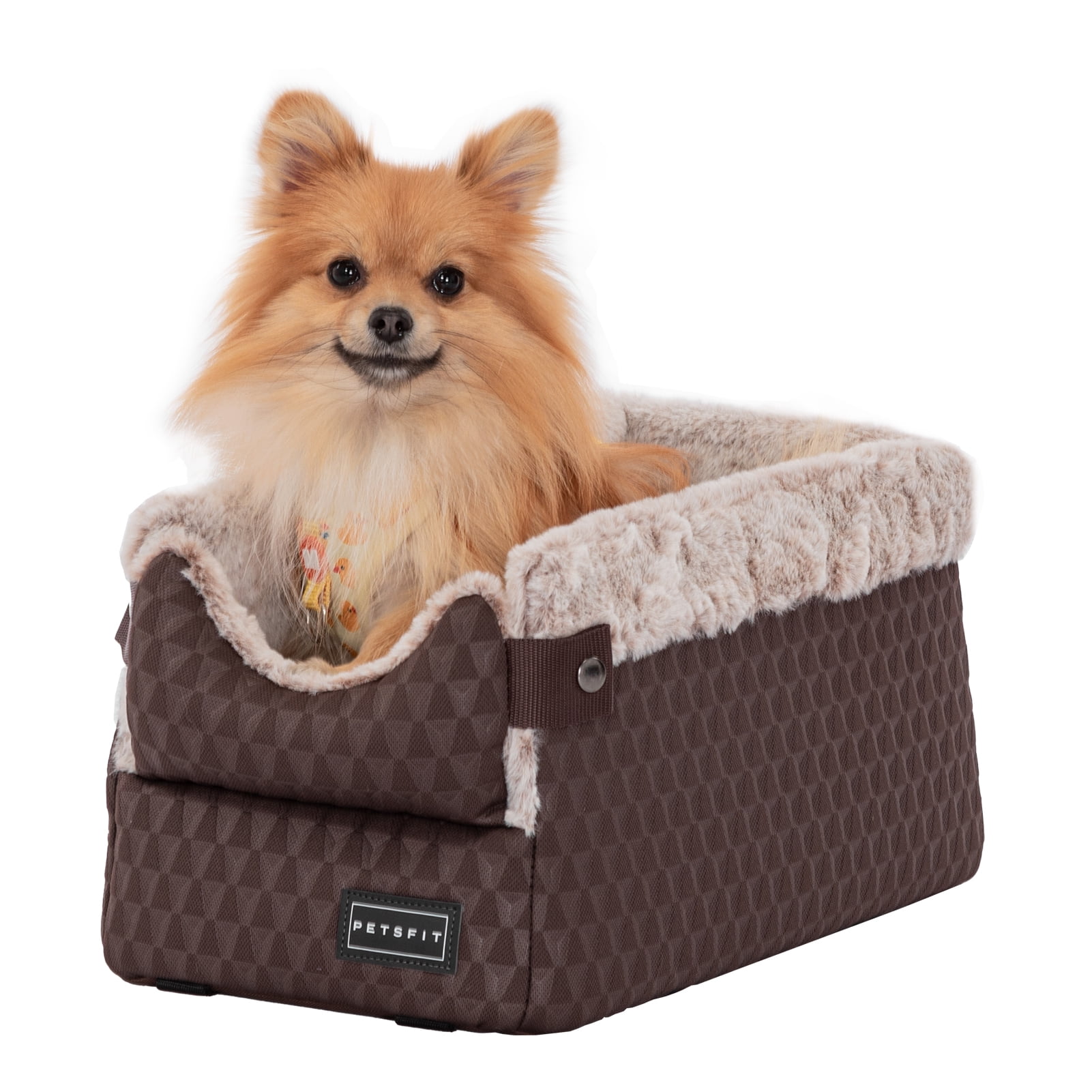 PETSFIT Center Console Dog Car Seat with Safe Protection Hooks, Pet Car Seat with Upgraded Safety Tethers, Washable Cushion, Console Dog Car Seats for Small Dogs (Brown)