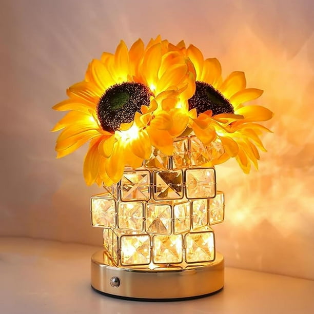 Lámpara de mesa de girasol LED regulable, con florero de vidrio artificial, lámpara inalámbrica recargable por USB, lámpara táctil para recámara, sala de estar