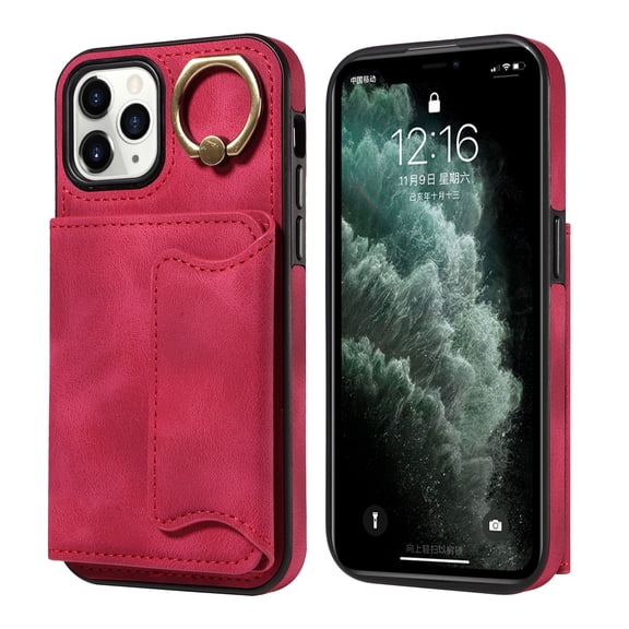 Case for iPhone 11 Pro, PU Leather 3 Card Slots with Finger Ring Holder Shockproof Phone Case