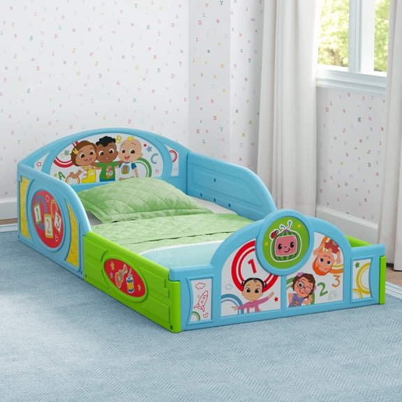 CoComelon Sleep and Play Toddler Bed with Built-In Guardrails by Delta Children, Blue/Multi