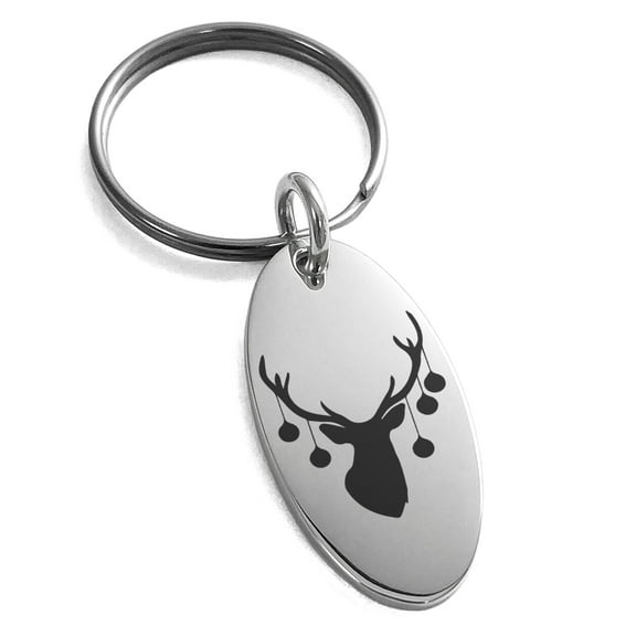 Stainless Steel Ornament Reindeer Engraved Small Oval Charm Keychain Keyring