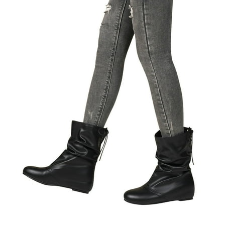 

VKEKIEO Women S Mid-Calf Boots Round Toe High Heel Walking Shoes Lace Lace-Up Black Fall Boots