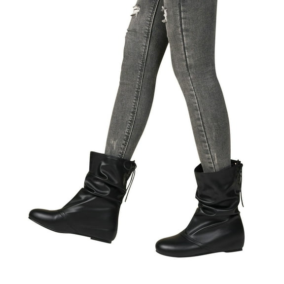 BONIXOOM Boots For Women Mid Heel Rubber Lace-Up Mid-Calf Drawstring Winter Black Boots