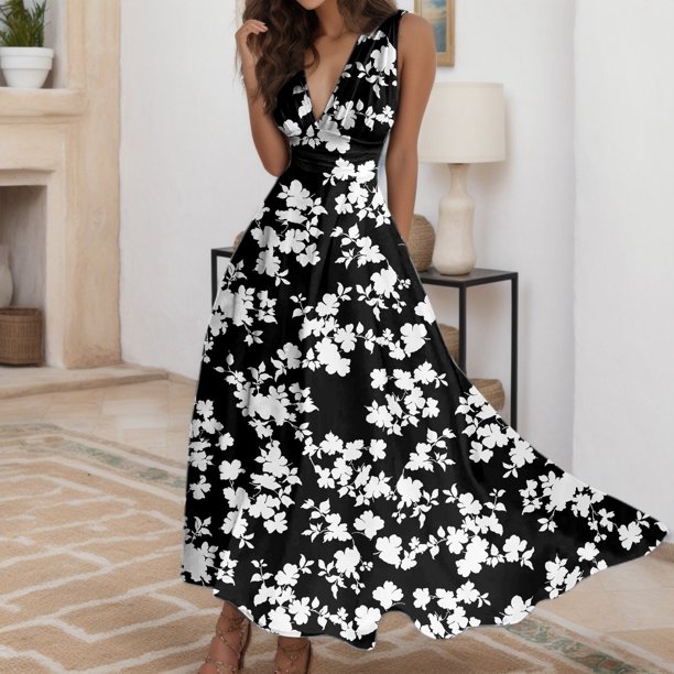 Vestidos Florales Para Mujer, Vestido Informal de Playa Sin Mangas Con Cuello En V y Estampado de Flores A La Moda y Sexy de Verano Para Mujer