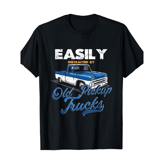 Retro Vintage Classic Pickup Truck Graphic Tee - Funny Easily Distracted By Old Trucks Men's Cotton T-Shirt - Blue White Automotive Enthusiast Apparel