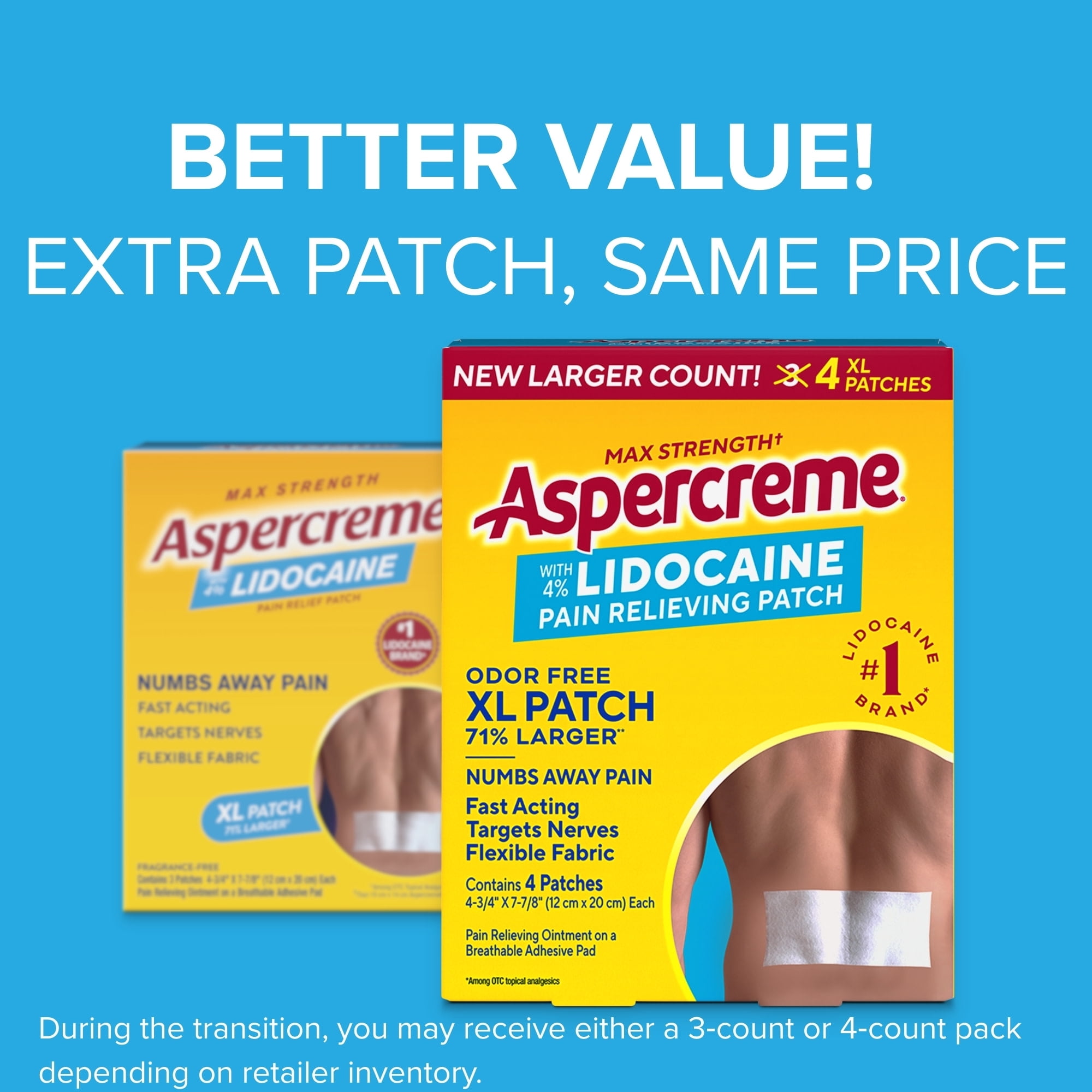 Aspercreme Lidocaine Pain Relief Patch XL for Back, Neck & Shoulder Pain, Topical Patches With Max-Strength 4% Lidocaine & Flexible Fabric Numbs Away Pain, 4 Ct.