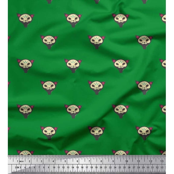 Soimoi Green Velvet Fabric Tribal Cat Face Print Fabric by Yard 58 Inch Wide