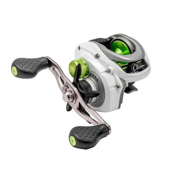 Lew’s MACH 1 Baitcast Fishing Reel, 7 1 Bearings, 7.5:1 Gear Ratio, Graphite Frame and Sideplate, Multi-Setting Brake, Speed Gears, Speed Lube, Combat Grips, Right-Hand Retrieve, White/Gray/Green