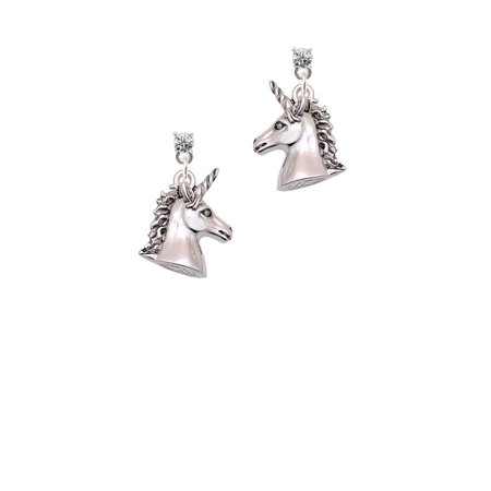Chandelier Green Earrings - Silvertone 3-D Unicorn Head - Clear Crystal Post Earrings