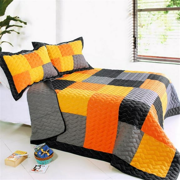 Mild Winter - 3 Pieces Vermicelli-Quilted Patchwork Quilt Set  Full & Queen Size - Yellow